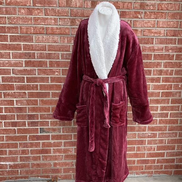 Isotoner Mauve Plum Fleece/Sherpa Trim Long Robe - Picture 7 of 13
